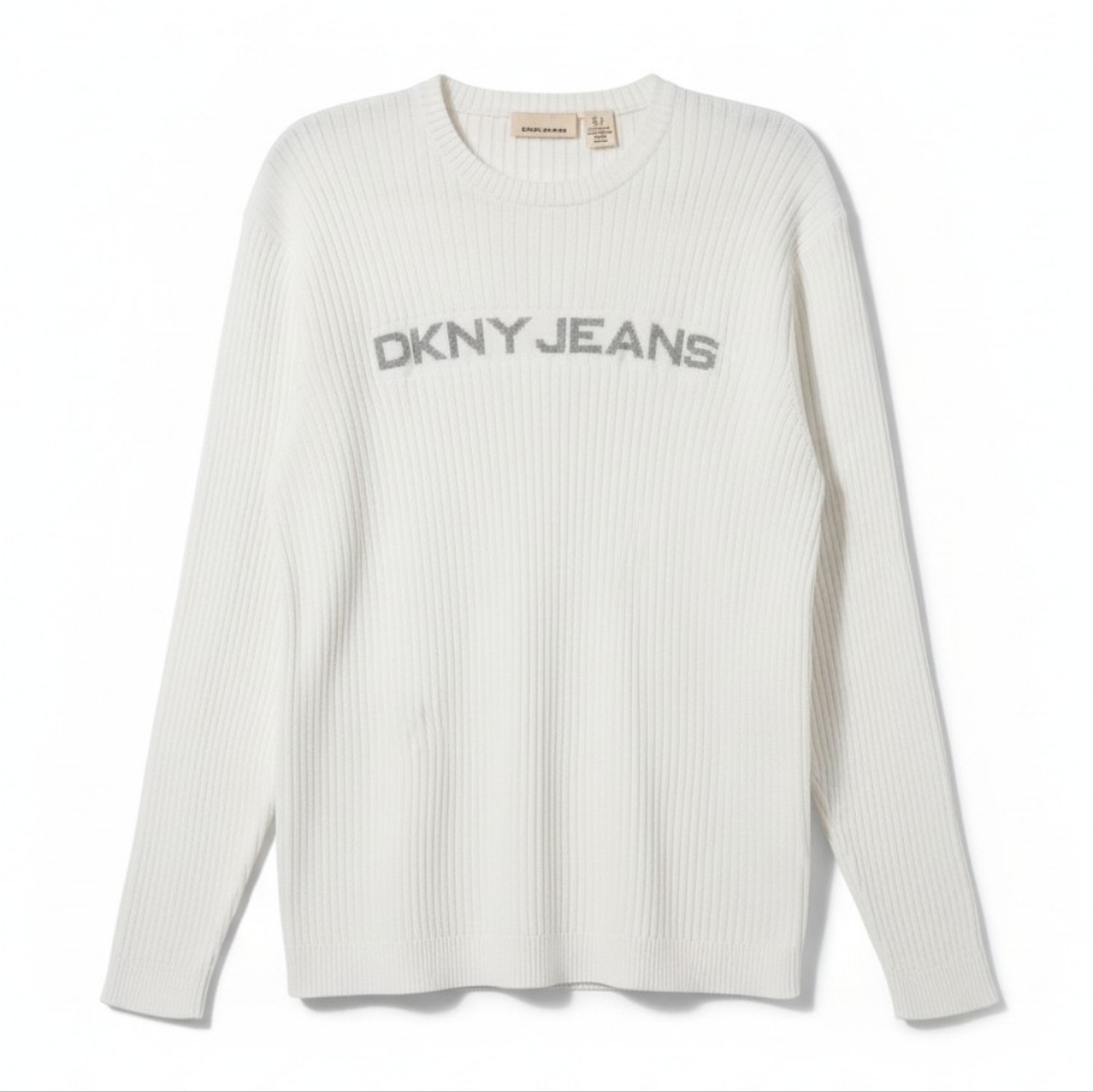 DKNY White Ribbed Sweater with Gray Logo